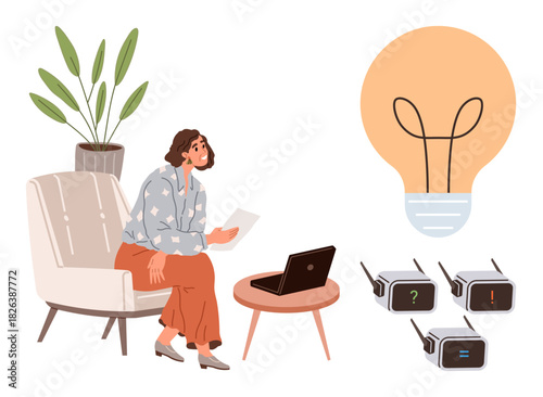 Woman seated on chair holding paper near laptop, large light bulb symbolizing ideas, and charger blocks with symbols. Ideal for innovation, solutions, brainstorming, productivity, problem-solving