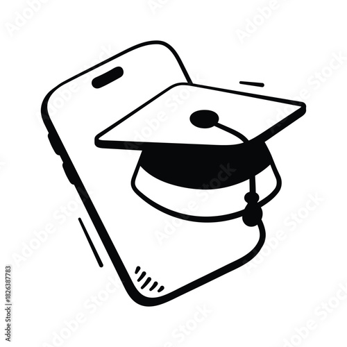 Smartphone with graduation cap, concept doodle icon of online education