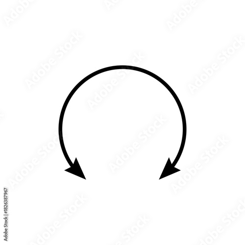 Arrow around a circle. Dual semi circle arrow. Vector illustration. Semicircular curved thin long double ended arrow.