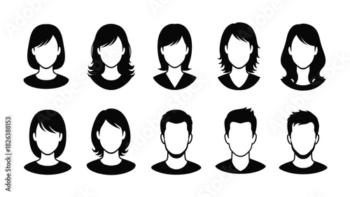 User Avatars Set: Vector Silhouettes of Generic Male and Female Profiles with Diverse Hairstyles. Anonymous People Icons for App and Web Design.