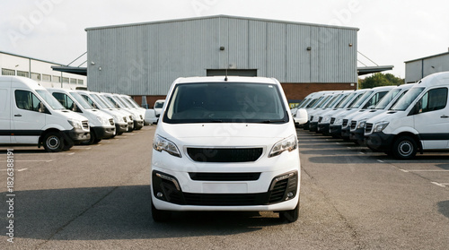 Close-up of newly manufactured white delivery vans parked.