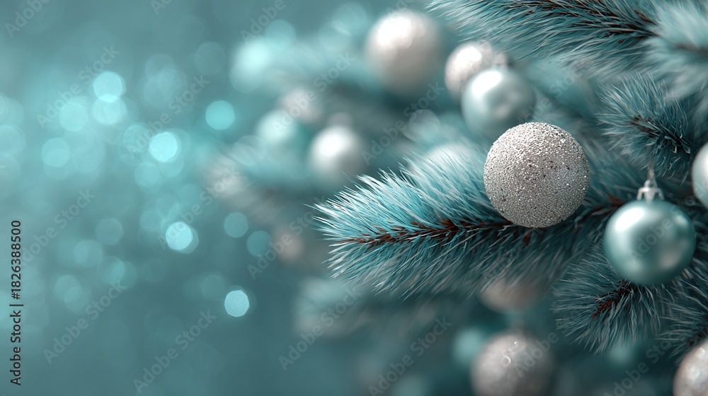 Obraz premium Christmas tree branch with silver and light blue ornaments against a sparkling bokeh background