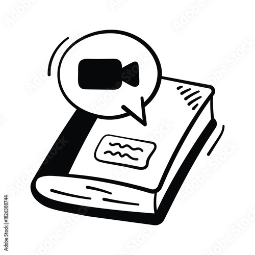 Hand drawn icon of a book with a video symbol representing digital lessons