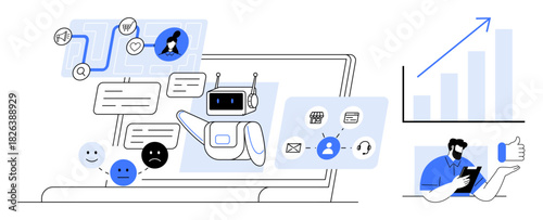 Robotic AI engaging with messages, emotions, and user interfaces on a laptop. Ideal for automation, customer service, feedback, user interaction, data analysis, communication business efficiency