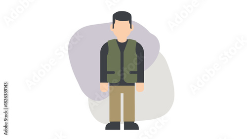 Flat Design Vector Illustration of a Man Wearing a Green Vest and Casual Clothes