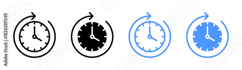 Clock icons with rotation arrows indicating time forward or fast forward, representing time management and progression.
