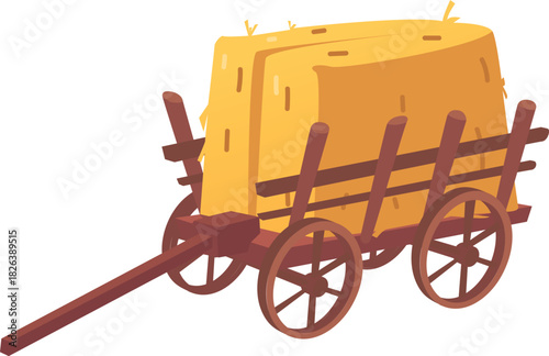 Wooden cart with hay flat vector icon, cartoon haystack, dry golden straw in wagon, square bale of hay on old cart