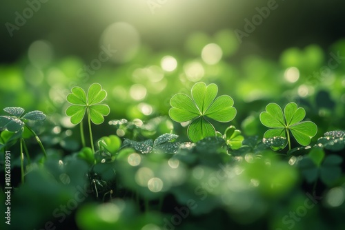 Close-up of fresh green shamrocks with droplets on surface