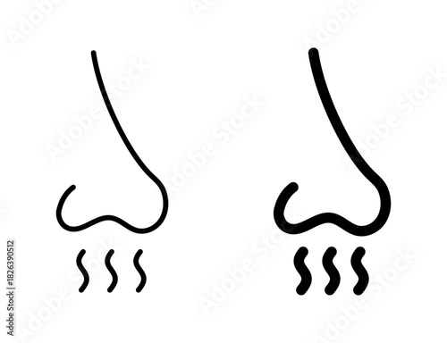 Nose icon variations with scent lines, symbolizing the sense of smell, sniffing, and aroma detection in both simple and detailed designs