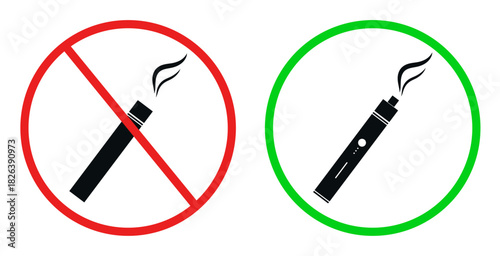 Warning signs: green vaping zone and red cigarette zone. Icon set with silhouettes of vaping and cigarette-free areas. E-cigarettes permitted, cigarettes prohibited. Isolated vector illustration.