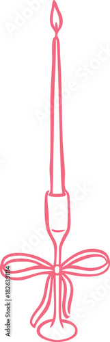 Hand-drawn sketch of a burning pink candle in a candlestick decorated with a bow.