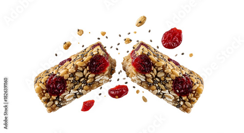 Granola bars with dried cranberries and seeds isolated on white background, healthy snack for energy and nutrition