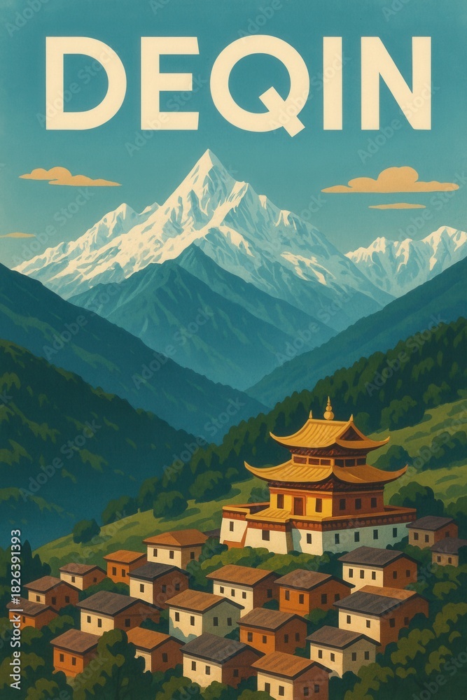 Fototapeta premium Stylized poster of Deqin with a golden-roofed Tibetan temple and surrounding village set against towering snow-capped mountains under clear blue skies