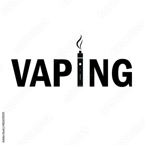 Vaping tool with smoke, detailed black icon, electronic cigarette sign isolated on white. word Vaping as a logo