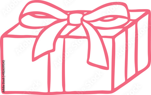 A simple outline illustration of a pink gift box with a large bow on an isolated background.