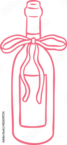 Bottle of wine decorated with ribbon bow vector line art, pink hand drawn champagne prosecco, festive drinks doodle