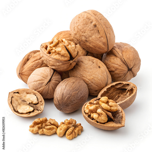 Walnuts with shells and kernels on the white background, Walnuts Nuts fruit is very healthy, close up background, fresh Walnuts Natural.