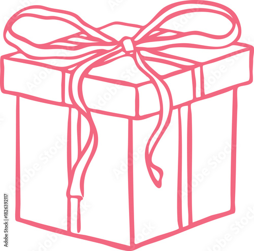 A gift box with a closed lid, tied with a ribbon, hand-drawn, pink outline color, doodle style.