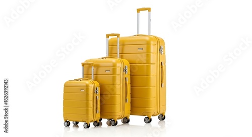 Set of three modern yellow hardshell rolling luggage suitcases of different sizes isolated on white background for travel concept