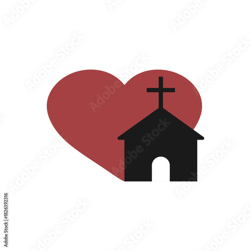 Church heart icon with religious cross and building. Vector illustration. 