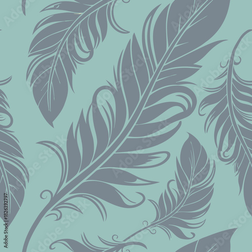 Elegant feather seamless vector pattern on soft blue background  