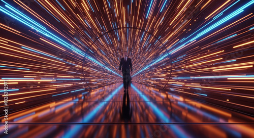 Fototapeta Naklejka Na Ścianę i Meble -  Man in suit walks through glowing orange and blue light tunnel walking