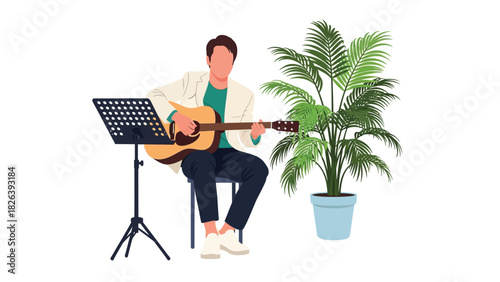Man playing acoustic guitar sitting next to a potted houseplant and music stand. Musician practicing or performing a song. Isolated vector illustration.