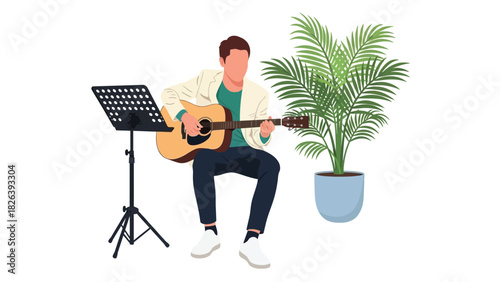 Male Musician Playing Acoustic Guitar with Music Stand and Potted Plant Vector Illustration