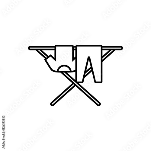 Clothes drying rack icon. Stand for dryer clothes. Portable folding clothes drying rack with a shirt and pants hanging to dry. Isolated vector illustration on white background.