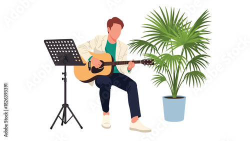 Man Playing Acoustic Guitar Sitting Next to a Potted Palm Plant and Music Stand, Flat Vector Illustration