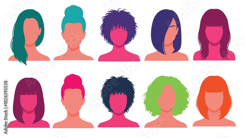 Diverse Female Avatars Collection with Various Colorful Hair Styles and Faceless Profiles