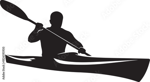Silhouette of person kayaking with paddle, dynamic water sport action