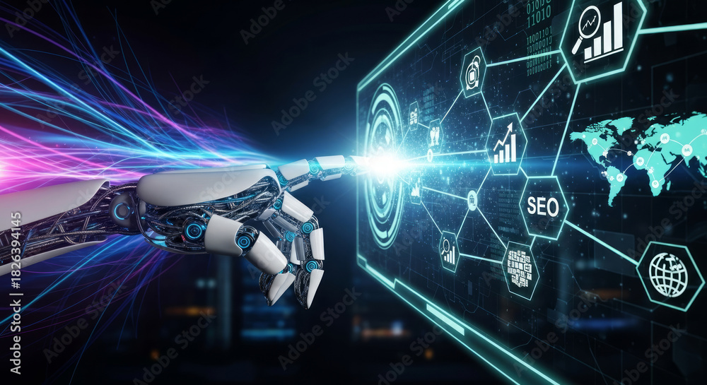 Fototapeta premium Robot hand touching digital screen with S E O and global data analytics artificial intelligence