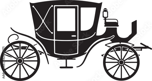 Vintage horse-drawn carriage silhouette isolated on white background.