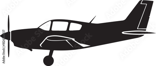 Single engine airplane silhouette with propeller and wheels isolated on white