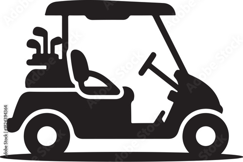 Golf cart with clubs on white background, modern icon silhouette