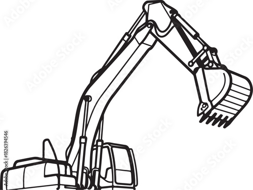 Excavator arm and bucket outline illustration on white background
