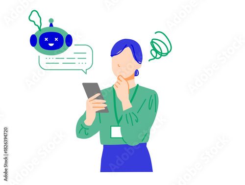企業で働くビジネスウーマンがスマホの人工知能の不具合で困った表情のイラスト。フラットデザイン