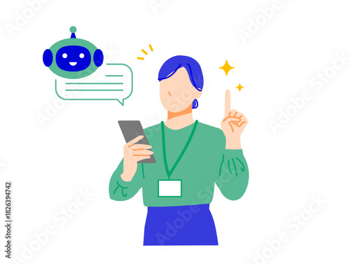企業で働くビジネスウーマンがスマホの人工知能を使って解決するイラスト。フラットデザイン