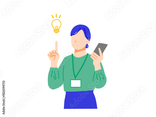 企業で働くビジネスウーマンがスマホで解決策を思いつくイラスト。フラットデザイン