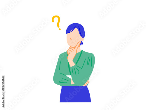 企業で働くビジネスウーマンが疑問に思う表情イラスト。フラットデザイン