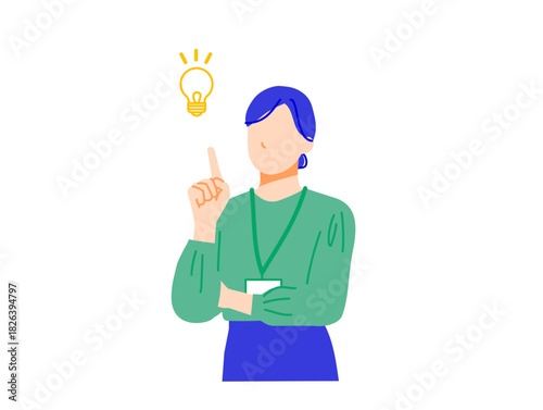 企業で働くビジネスウーマンが閃く表情イラスト。フラットデザイン