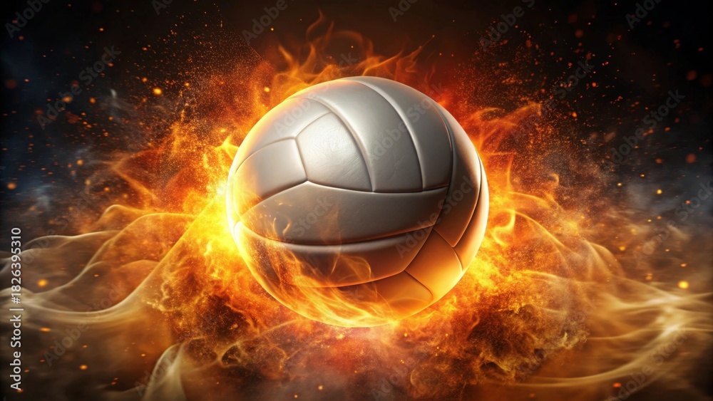 Fototapeta premium Fiery Volleyball A Dynamic Image of a Sport Ball Engulfed in Blazing Flames, Representing Intense Competition and Unwavering Passion