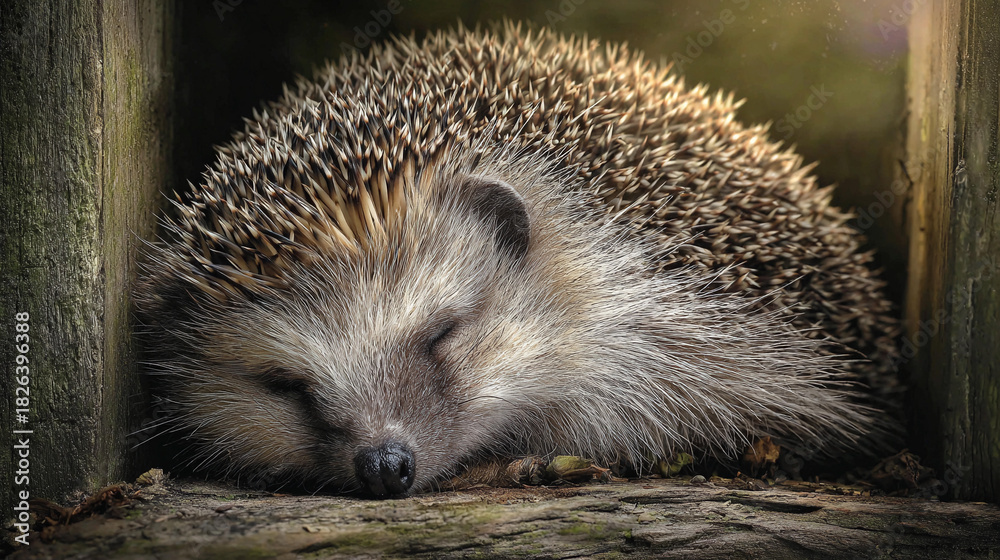 Fototapeta premium Hedgehog resting peacefully in natural habitat during daytime