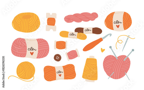 Cartoon cotton or wool yarn for knitting, crochet, sewing and cross stitch isolated vector illustration collection. Spokes and needles. Button and crochet hook