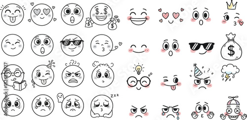 Hand Drawn Line Art Stroke Emoji Bundle. Happy, sad, style, money, love, cray, angry face vector line Symbol collection.