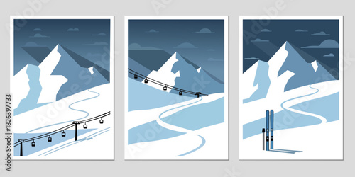 Mountain skiing scenic view ski lifts and skies snow winter vector art print poster travel artwork mountain landscape