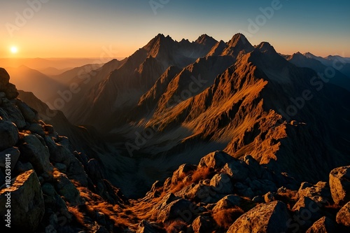 Epic Golden Hour Mountain Range at Sunset with Rocky Foreground.