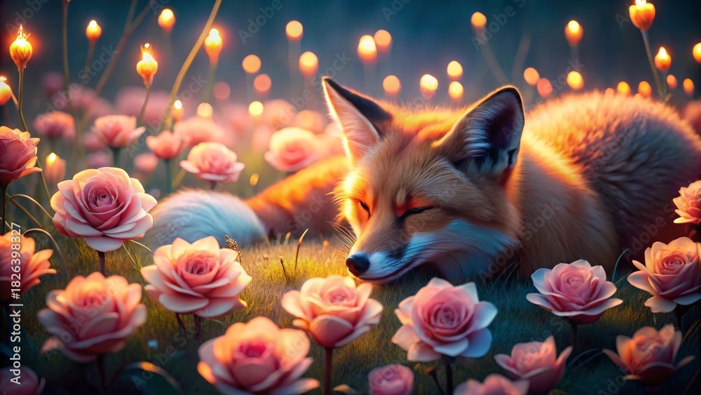 Fototapeta premium A peaceful red fox naps amidst a field of glowing roses at twilight, illuminated by soft, magical lights.