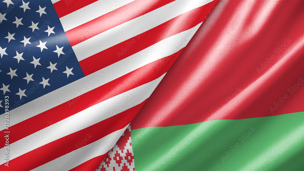 Fototapeta premium United States USA and Belarus two national flags filling the entire frame, close-up view, edge-to-edge composition